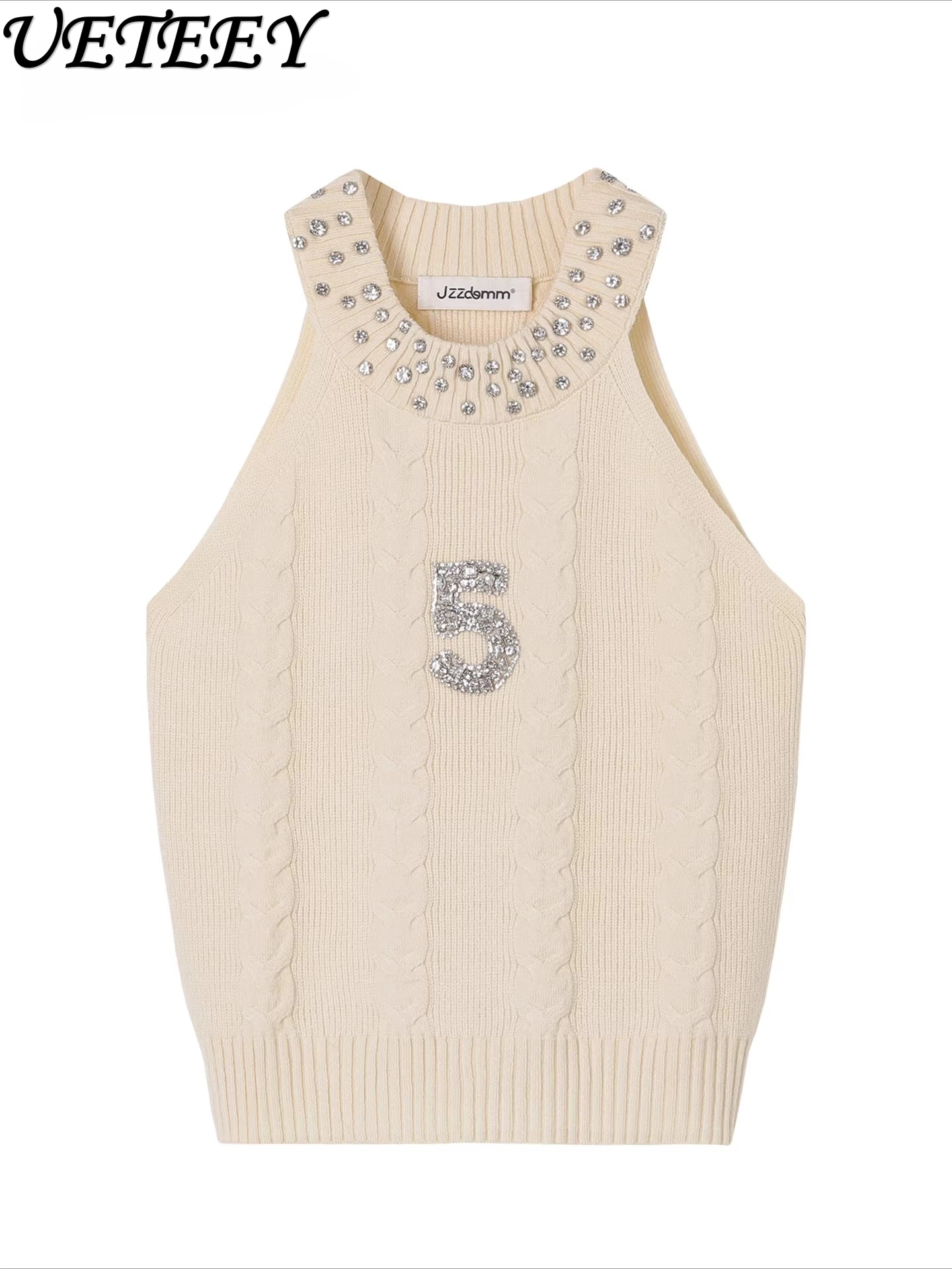 

2026 Spring New Heavy Craft Rhinestone Halter Knitted Vest Fashion Women Slim Fit Elegant Layered Sleeveless Tank Tops