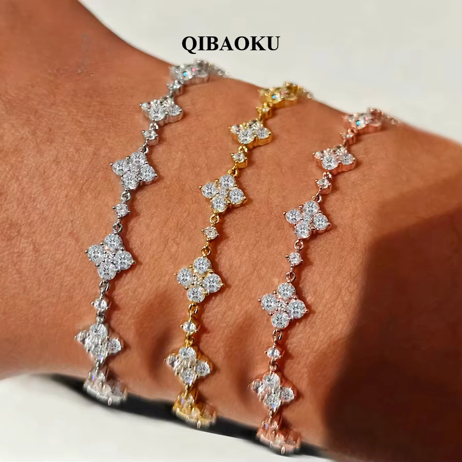 QIBAOKU Moissanite Bracelet S925 Sterling Silver Leaf Clover Diamond Hand Chain for Women Engagement Gifts Jewelry 2026