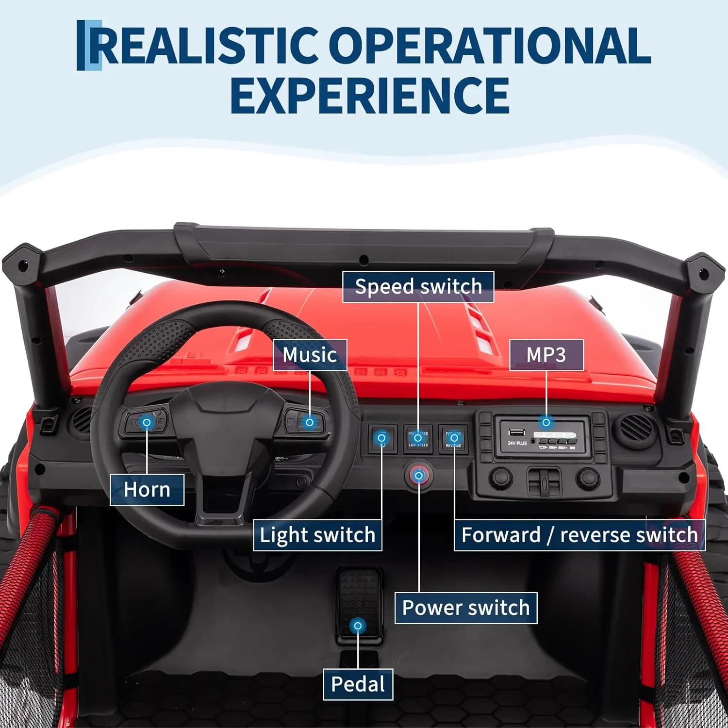 2 Seater Ride on Car for Kids, 24V 4WD Kids Electric Vehicles Ride on Toys with RC/Spring Suspension/LED Lights/Music, 3 Speeds