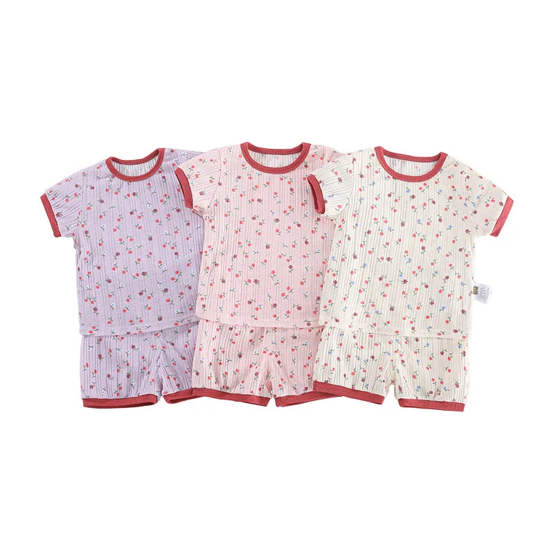 

MINISO Summer Baby Girls Short Sleeve Top Solid Shorts 2 Pcs Sets Floral Thin Cotton Home Loungewear Outfits Casual wear Clothes