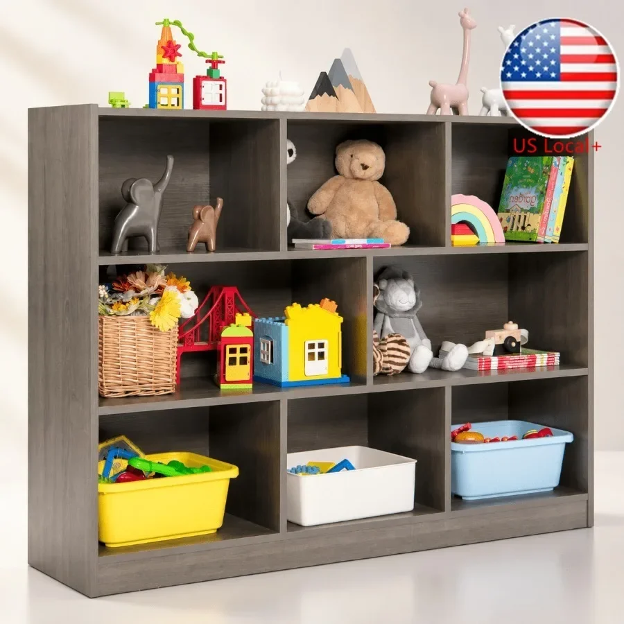 8-Cube Organizer Storage Cabinet for Bedroom/Preschool/Classroom/Office, Wooden, Gray, Space-Saving 3-Tier Bookshelf Low Displa