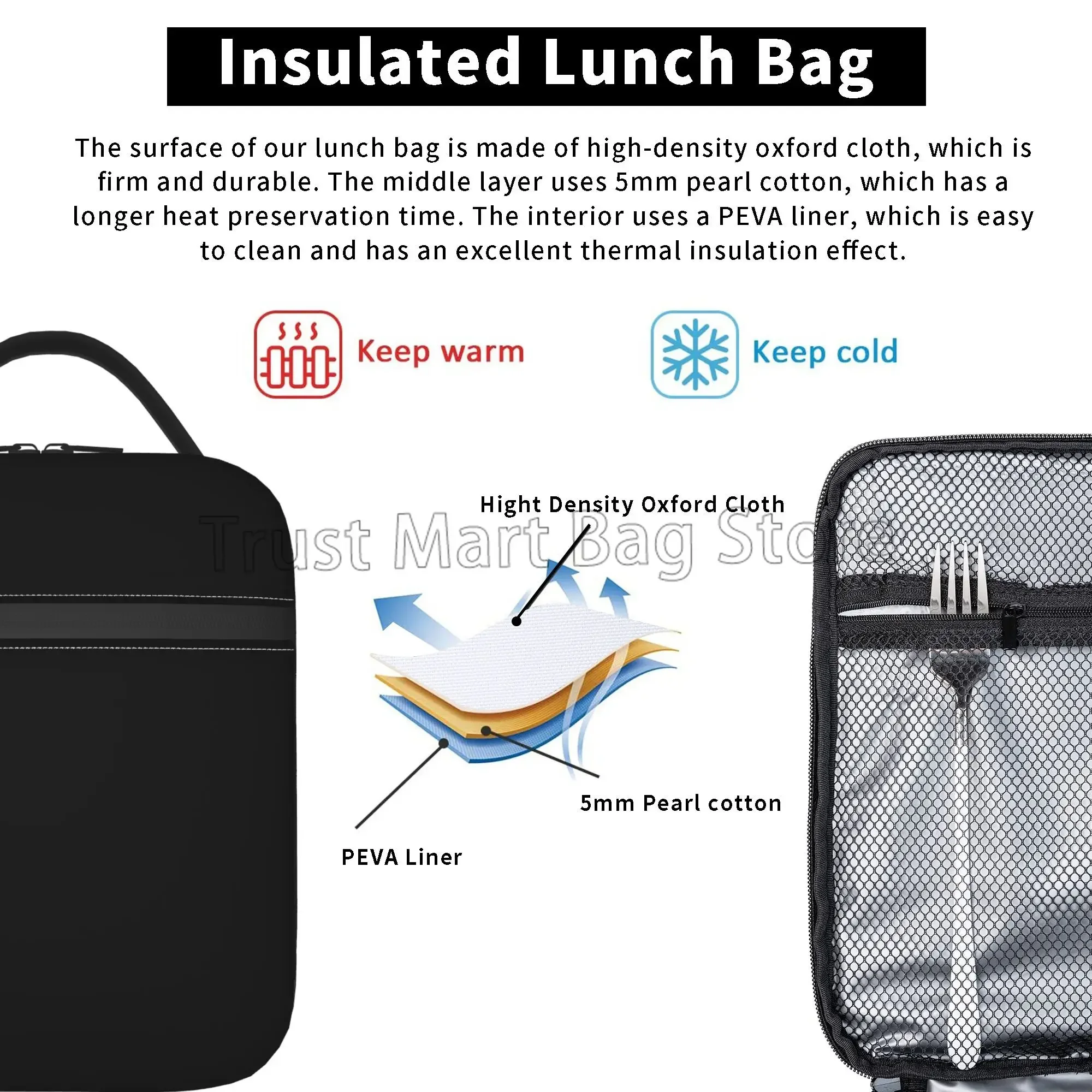 Black Insulated Lunch Bag Custom Solid Color Reusable Portable Waterproof Thermal Lunch Box Bento Tote for Office Work Picnic