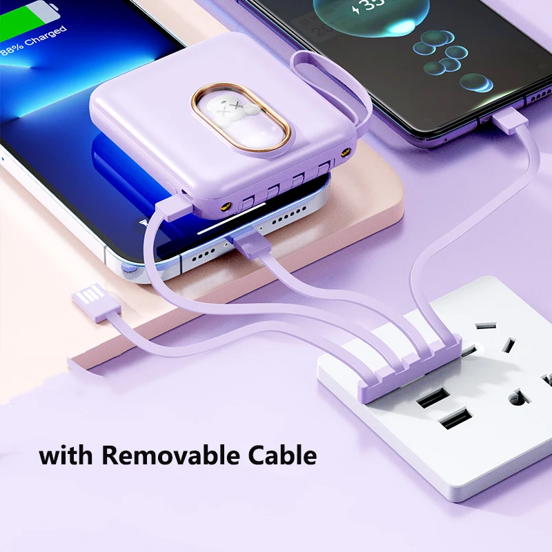 Mini Power Bank 20000mAh Built in Cable Portable Charger External Battery Pack for iPhone 16 Samsung S24 Huawei Xiaomi Powerbank