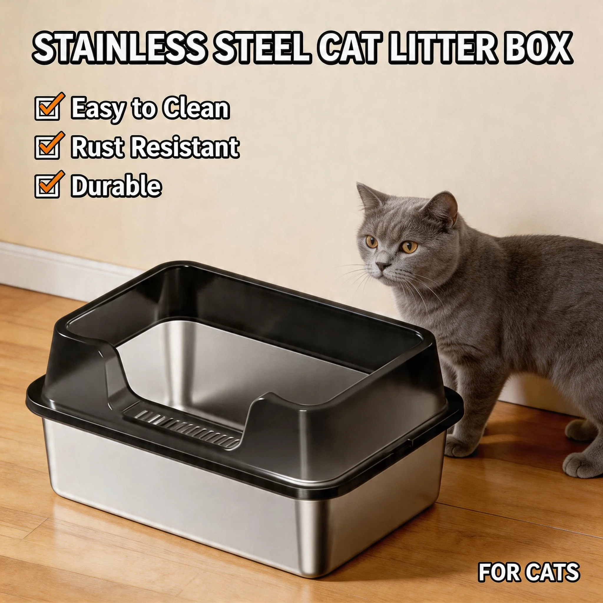

Non-Toxic Safe Stainless Steel Cat Litter Box with Lid & Scoop for Big Cat XL Metal Litter Pan High Wall Sides Non-Sticky Tray