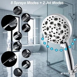 10-Mode Filtered Handheld Shower Set - Chrome Finish, Rear Power Wash Jets, High Pressure & Anti-Clog