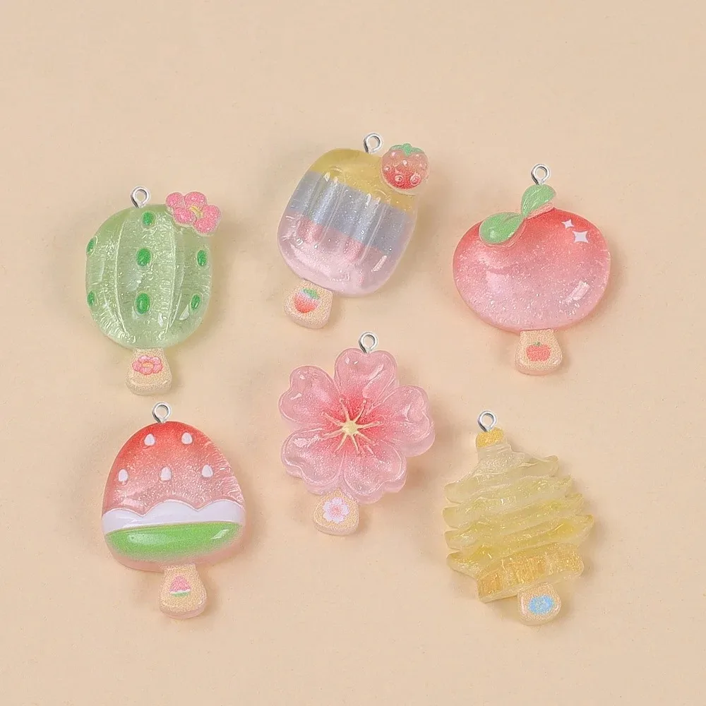 10Pcs Kawaii Summer Popsicle Resin Pendants Cactus Peach Flower Glitter Ice Cream Charms for DIY Jewelry Earring Keychain Decor