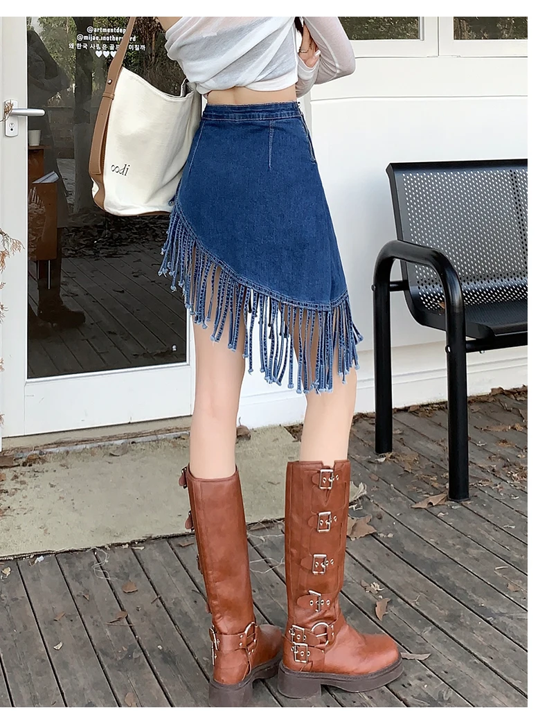 Spice Girl-falda vaquera azul con borlas para mujer, minifalda envolvente ajustada de cintura alta, falda vaquera Irregular Y2K para verano