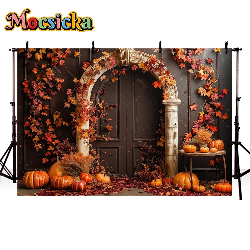 Mocsicka Photography Background Fall Pumpkin Red Maple Leaf Arch Decor Adult Children Artistic Portrait Backdrop Photo Studio