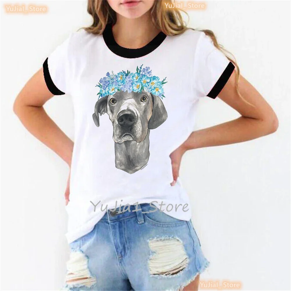 Cute Greyhound Love Flowers Animal Print T Shirt Women Kawaii Bernese Chihuahua/Mountain/Pug/Poodle Puppy Tshirt Girls Clothes