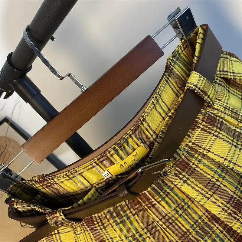 Short skirt plaid half body  women summer outfit belt new high waist slimming A-line pleated  yellow plaid skirt