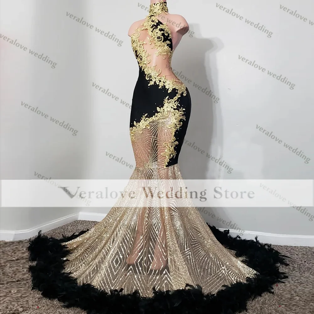 Newly Sparkly Mermaid Evening Dress High Neck Feather Beads Sexy Black Prom Gowns Dubai Women Formal Gala Party Gowns