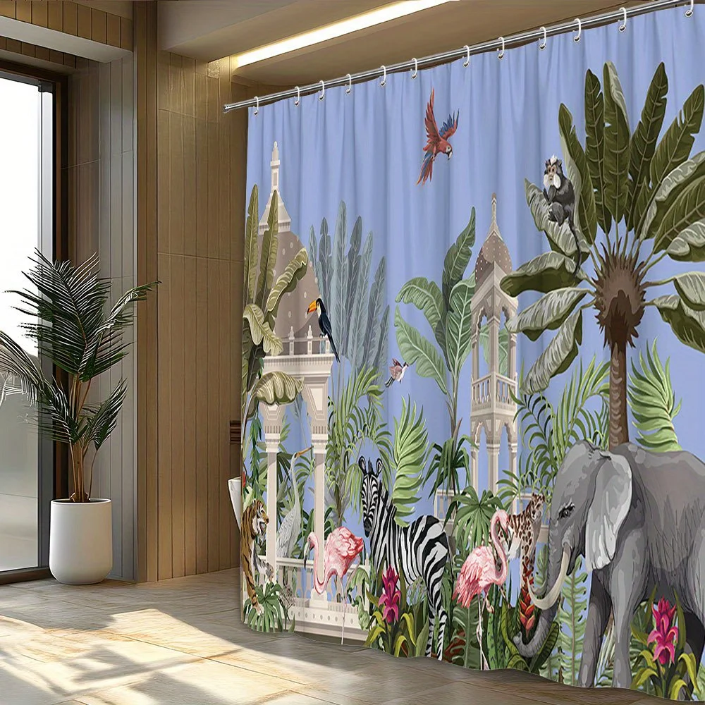 

Занавеска для душа в тропических джунглях, слон и фламинго, полиэстер, 12 крючков, можно стирать в машине, декор для ванной комнаты