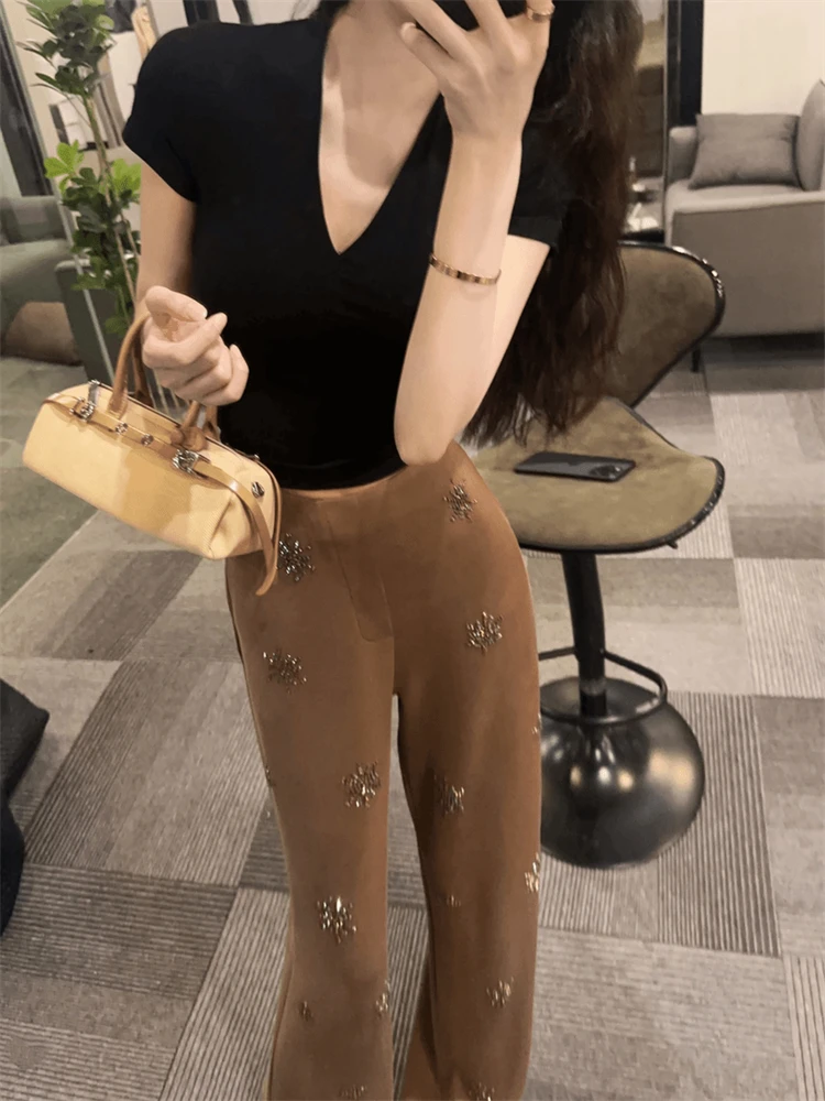 

Ele Pure Color Slim Fit Women's Suit V-Ne ort Sve Long Pants Faionable Unique Sle Summer Autumn Season Wear