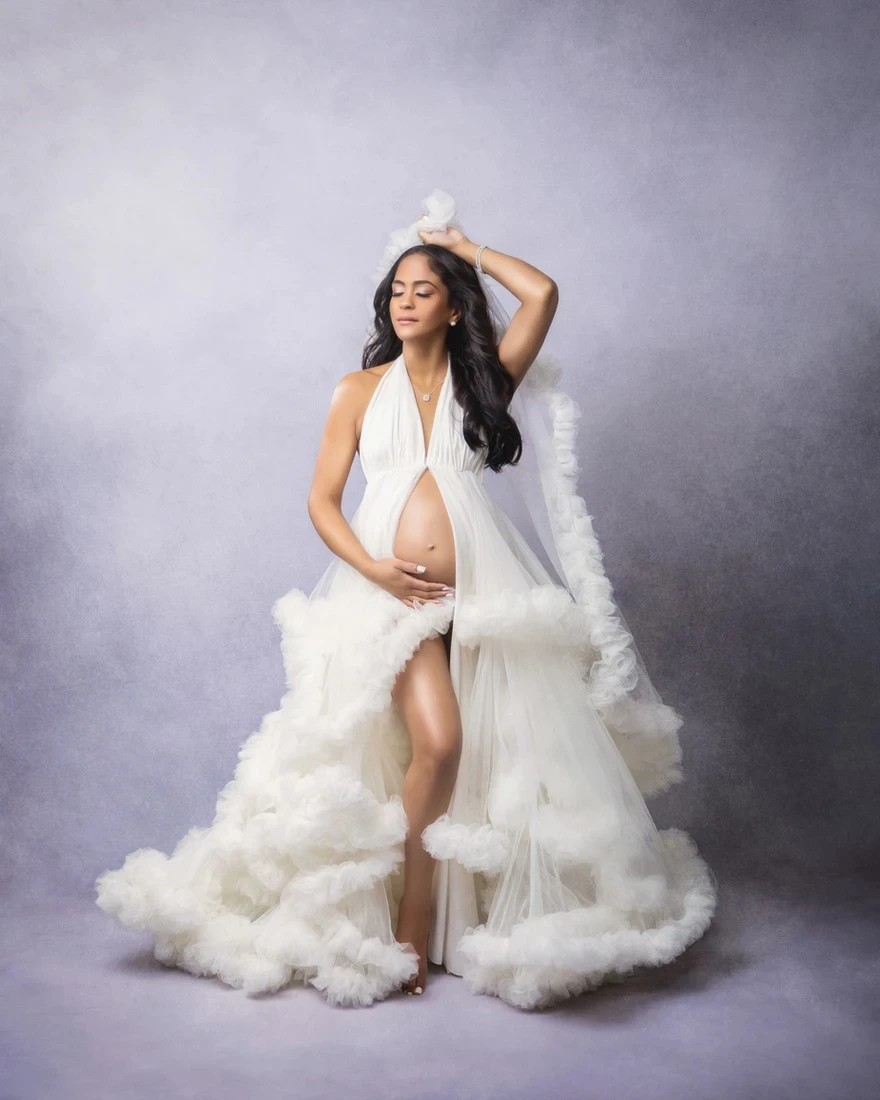 Vestido de maternidad con volantes para mujer, traje largo de tul escalonado para sesión de fotos, hombros descubiertos, ropa de dormir para despedida de soltera