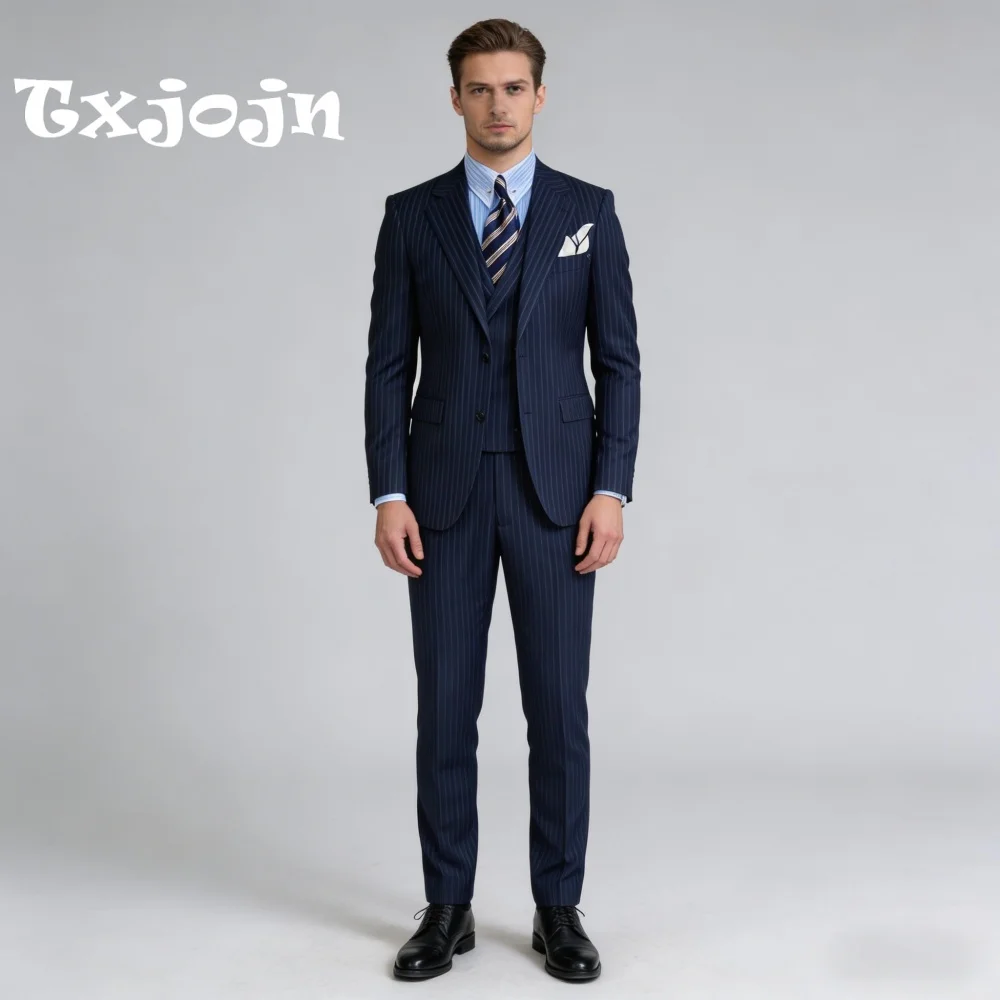 

Navy Pinstripe Peak Lapel Men Prom Formal Single Breasted 3PCS Suit Best Man Suit Set Includes Jacket Vest Pants Prom Occasion