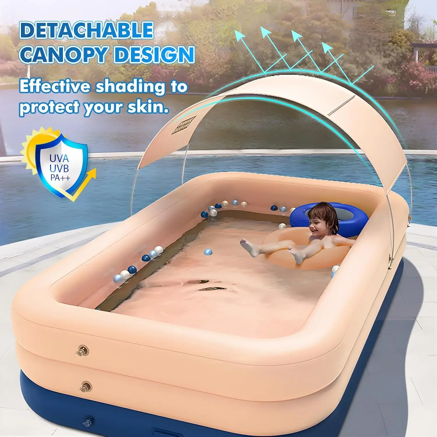 Inflatable Swimming Pool with Canopy,Extra Large Blow Up Family Pool with Batteries Unplugged Built-in Pump for Outdoor Garden