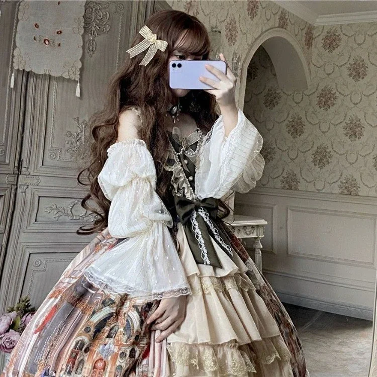 Elegant Vintage Oil Painting Lolita Strap Dress for Women Slim Waist Bow Jsk Dresses Y2k Aesthetics Ruched Vestidos Mujer