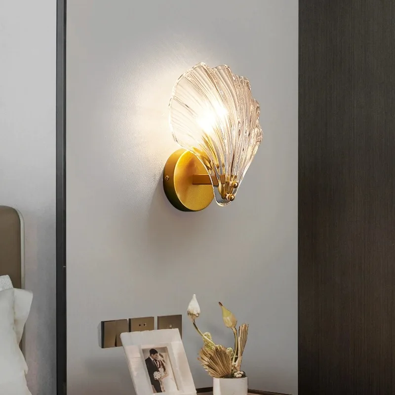 Imagem -03 - Nordic Simples Vidro Shell Lâmpada de Parede Quarto Sala de Estar Corredor Luz de Parede Lâmpadas de Cabeceira Decoração de Interior Luminárias E14