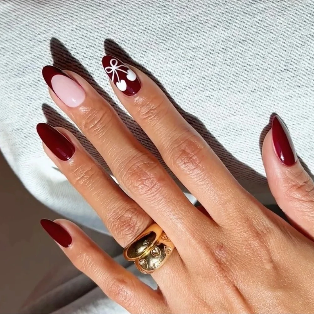 

French 10Pcs Handmade Manicure Medium Almond Fake Nails 2024 New Limited Press On Nails Red Design with Adhesive Nail File Set