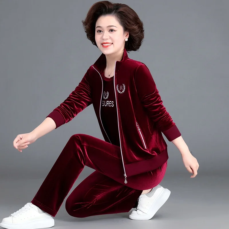 

Комплект из двух предметов из золотистого бархата: модная спортивная одежда для женщин среднего и старшего возраста на весну-осень, свободные длинные брюки