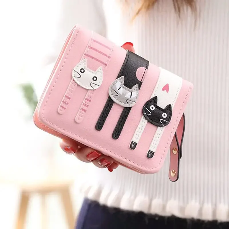 Women\'s Purse Short Cute Cat Print Mini Two-fold Folding Coin Purse Delicate Fringe Multi-functional Student Girls Teen Wallet