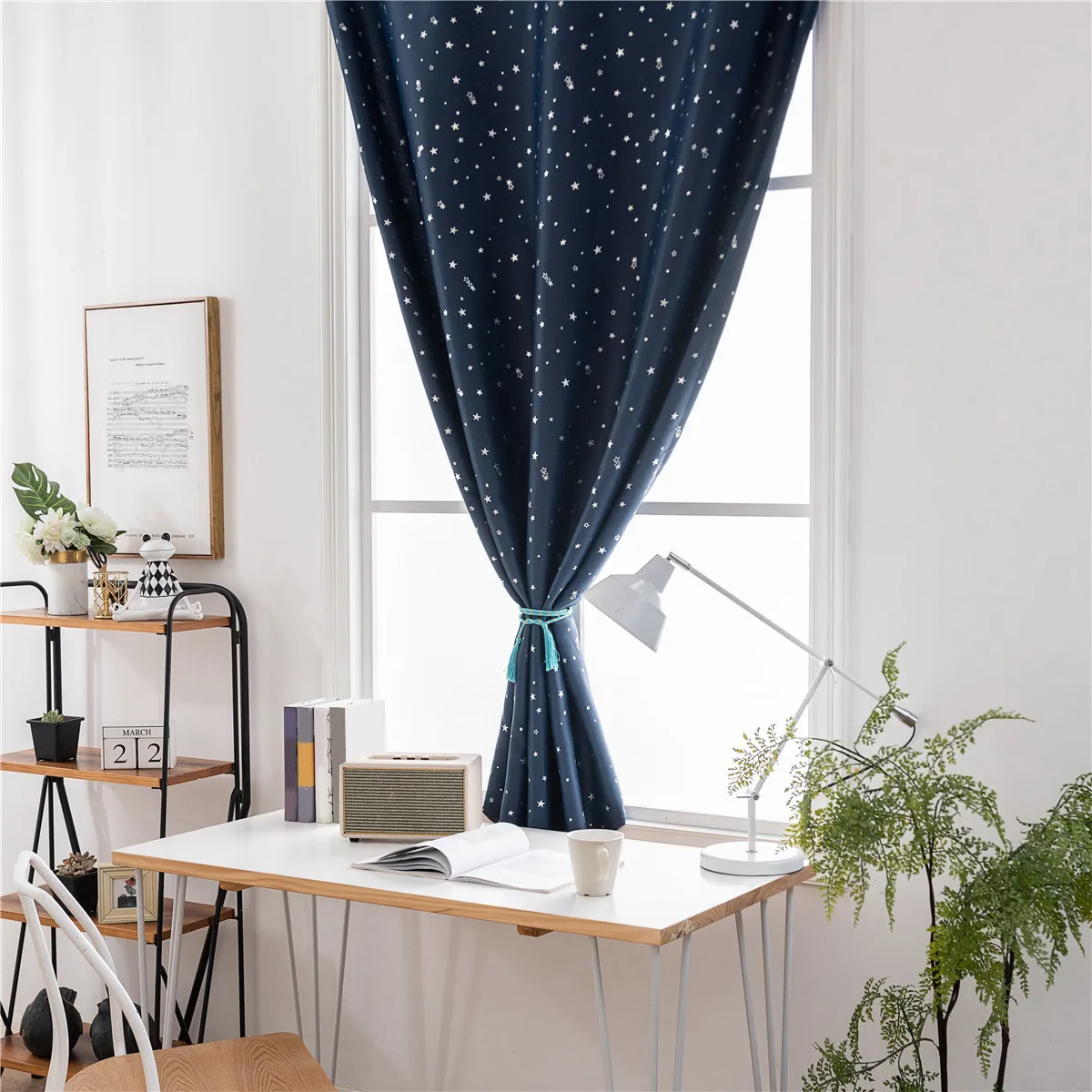 1Pcs Thick Blackout Curtain Silver Star Decorated Punch Free Tape Adhesive Window Drape for Bedroom Room Home Decoration