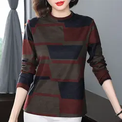 Camisa de fondo grueso con cuello redondo para mujer, jersey de manga larga a rayas, Color de contraste, Tops de otoño e invierno, 2023