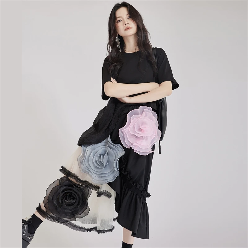 

NEW Harajuku 3D Floral Midi Skirt Women Y2K Vintage Irregular Mesh Patchwork Skirts Summer Elegant Korean Design A Line Faldas