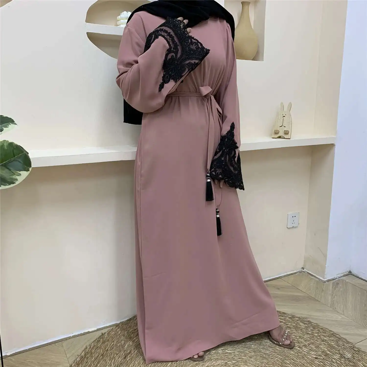 

Islamic Türkiye Dubai Fashion Long Sleeve Lace Patch Dress 6371 Muslim Long Dress Robe Abaya Ramadan Dubai Luxury Islam Elegant