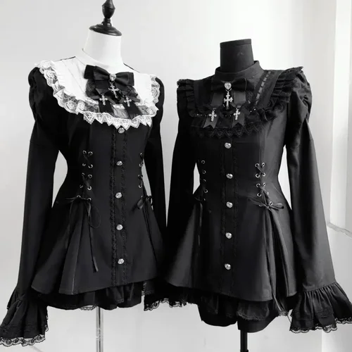 Vestido Y2k estético estilo Lolita con lazo, conjunto de pantalones cortos, encaje gótico japonés, manga acampanada, vestido camisero con botones, minivestido de fiesta Punk