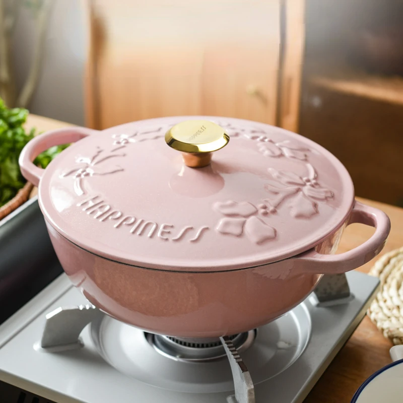 

23cm Embossment Enamel Pots Pink Kitchen Non-coating Non-stick Pot Induction Cooker Universal Soup Pot Cookware Cooking Pots