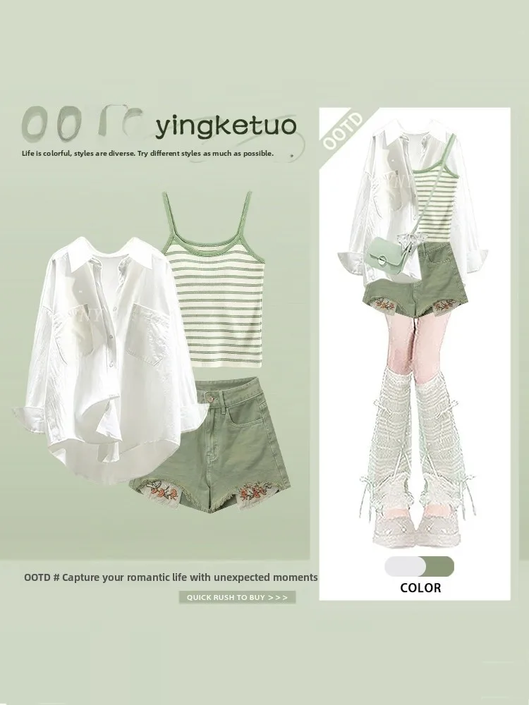 Summer Casual Style Women's  Shirt Striped Shorts Set Three-Piece Suite  Design Sense Casual Wear for Adults