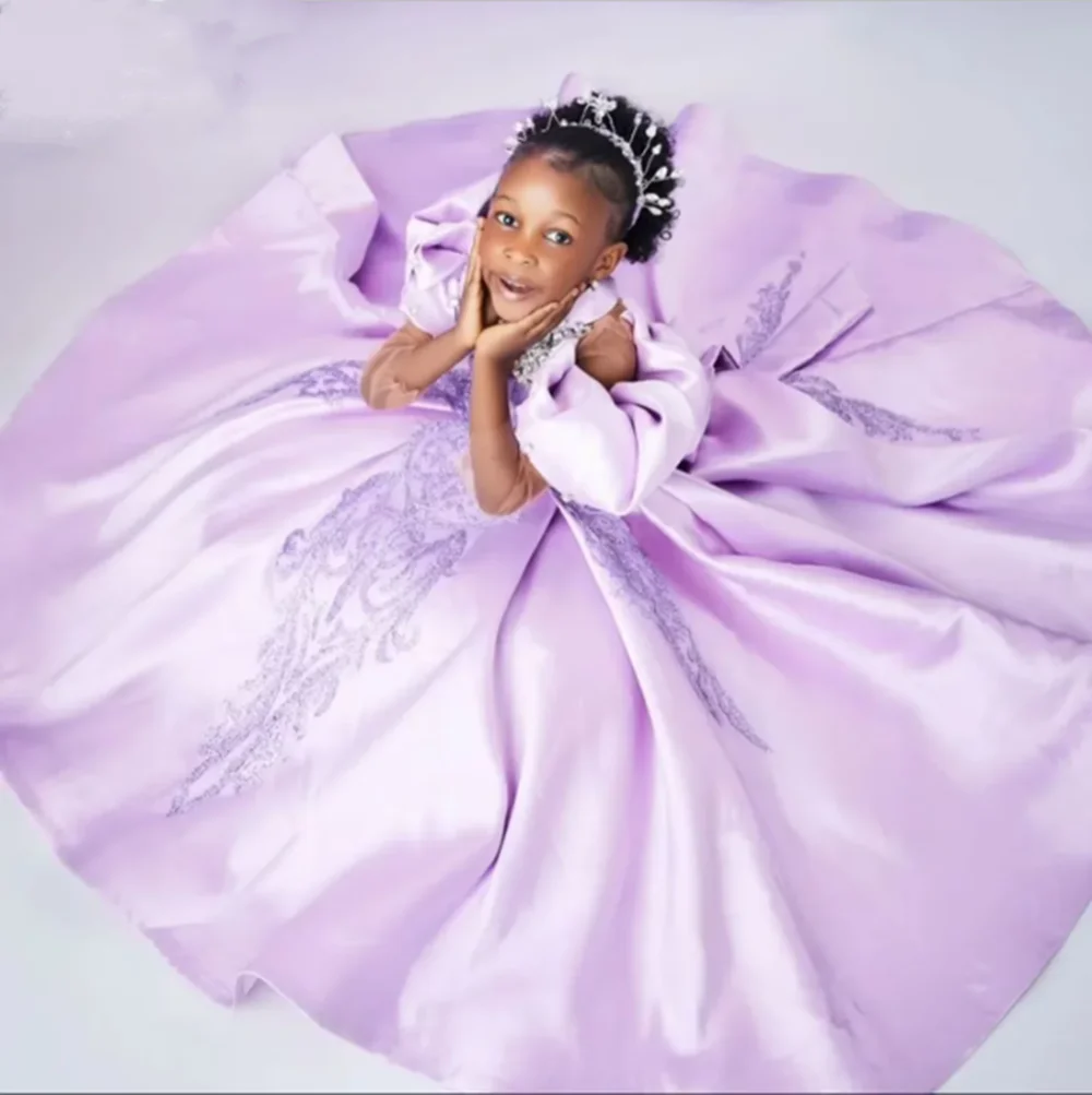 

Lavender Satin Flower Girl Dress Baby for Wedding Appliques Crystal Baby Kids Formal Wear for Photoshoot First Communion Gowns