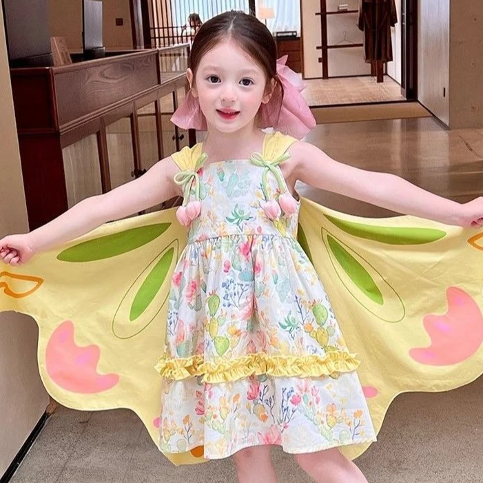 Girls Dress 2026 Spring and Summer New Childrens Clothes Girls Baby Pastoral Butterfly Wings Princess Floral Sundress