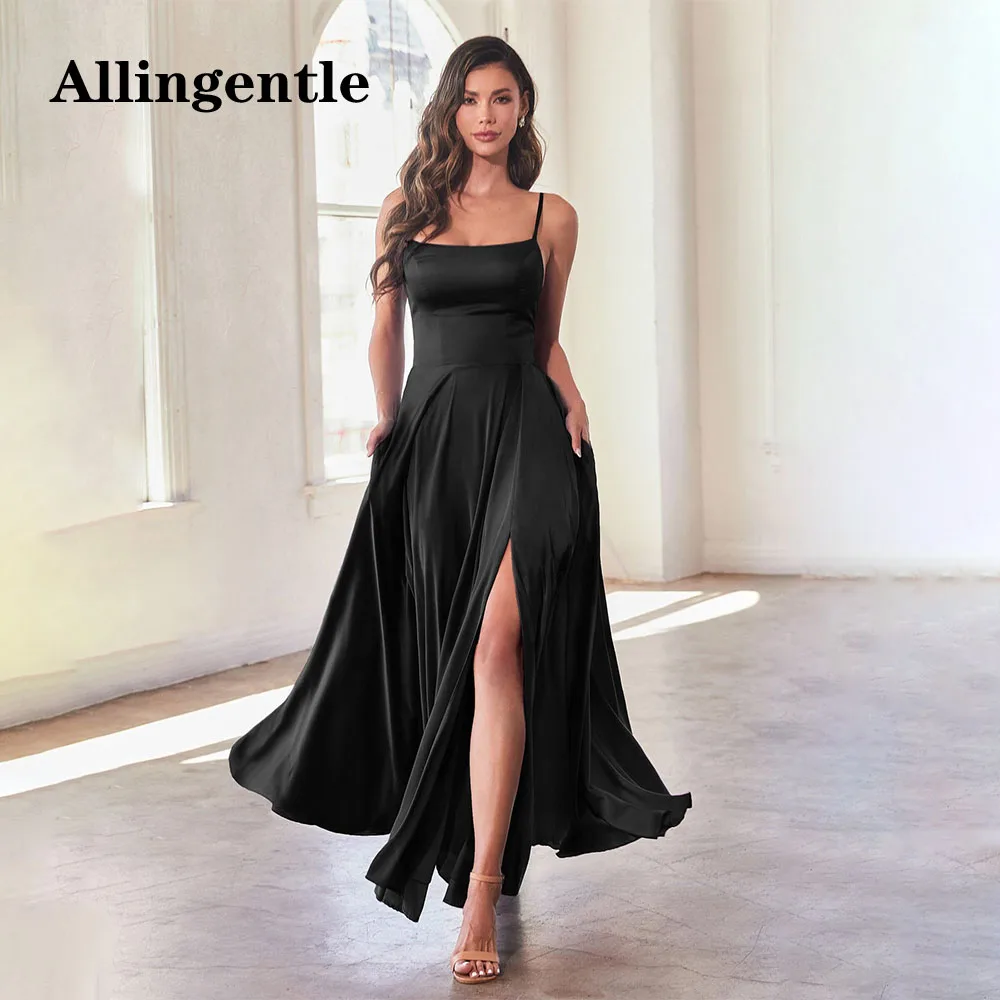 Allingentle Black Evening Dress A Line Satin Bridesmaid Prom Dress Formal Party Gowns Lace-up Back Special occasion Customized