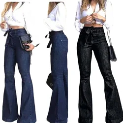 Women High Waist Bandage Wide Leg Denim Jeans Ladies Stretch Fare Long Pants