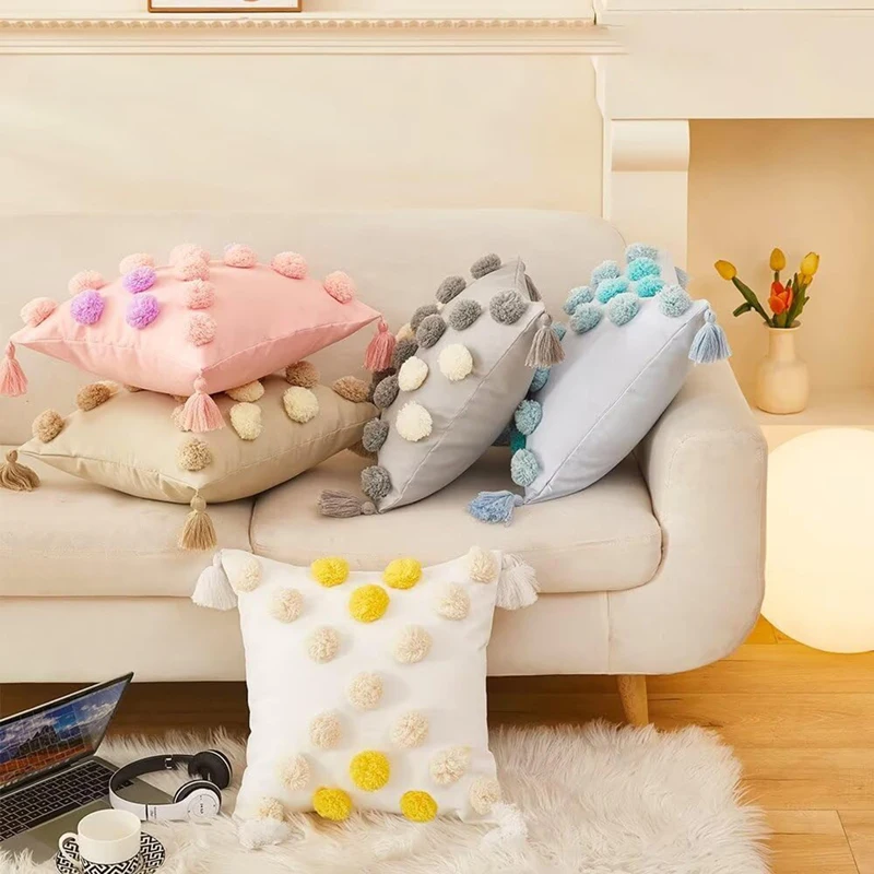 Plush Ball Pillow Covers Tassels Contrast Color Single-Sided Pattern Cushion Cases for Home Decor Sofa