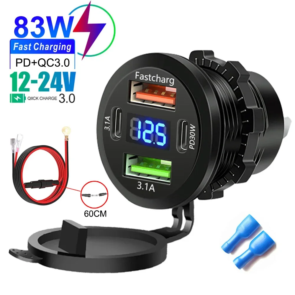 

Car Charger Socket PD 30W QC3.0 USB C Ports Waterproof with Voltmeter 83W Fast Charging 12V/24V For Motorcycle Truck RV Boat