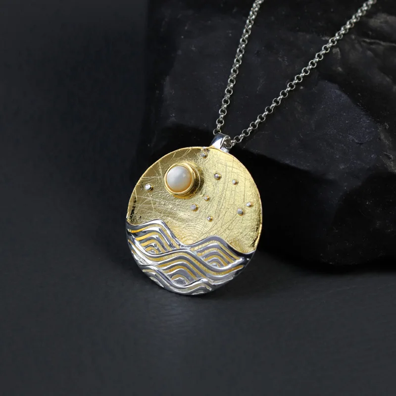 

N Night on The Sea Sterling Silver Moon Waves New Chinese Poetic Literary Design Three-dimensional Pendant(without The Chain)