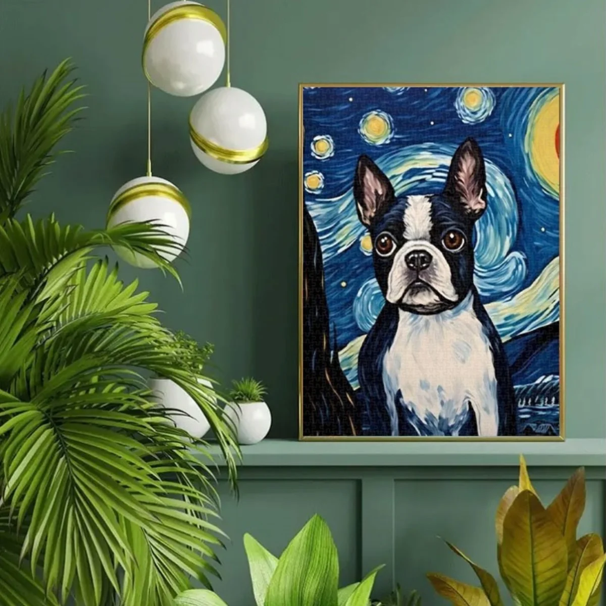 Grote puzzel voor volwassenen - 1000 stuks met een Boston Terrier in een sterrennachtkunstwerk - Boeiende familie-uitdagingspuzzel