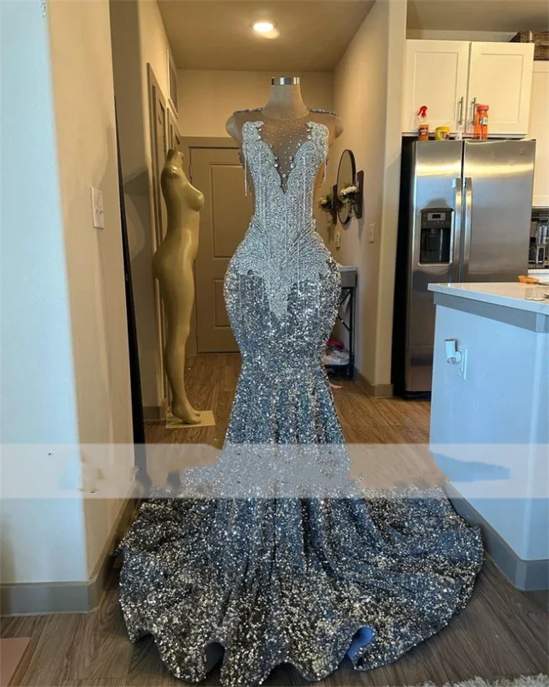 Shinning Grey Sequin Mermaid Prom Dresses Luxury O Neck Lace Appliques Plus Size Birthday Party Gowns For Arabic Women Custom Ma