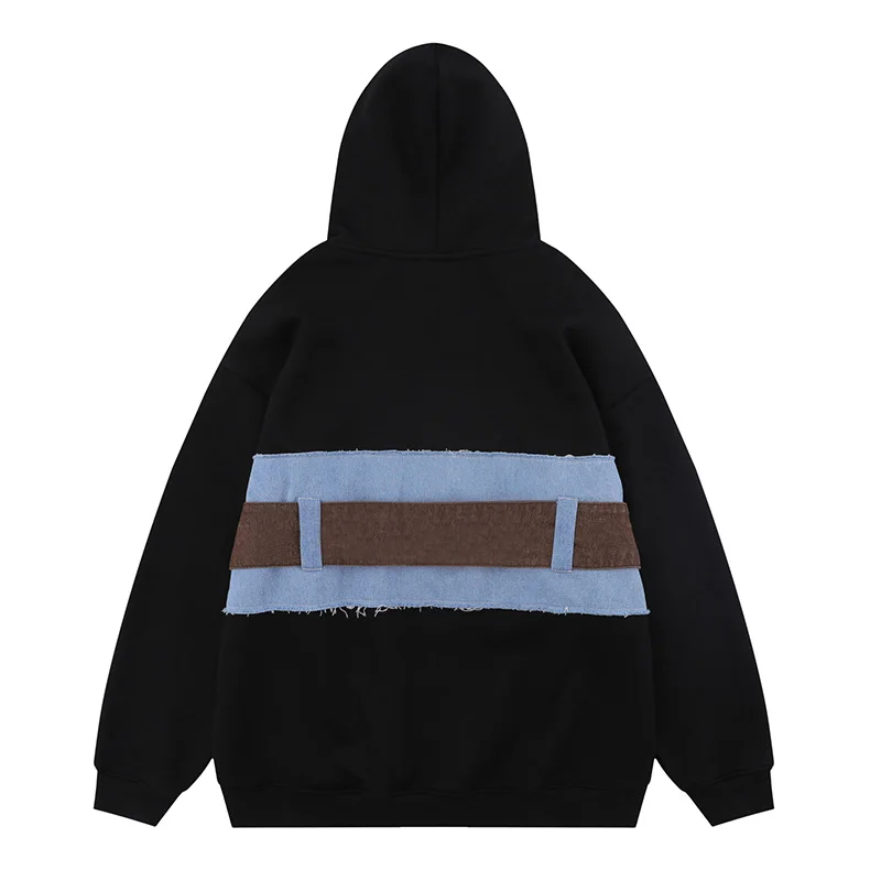 Oversized Hip Hop Belt Patchwork Sweatshirts Men Harakuju Streetwear Black Pullover Hoodies Fleece Lined