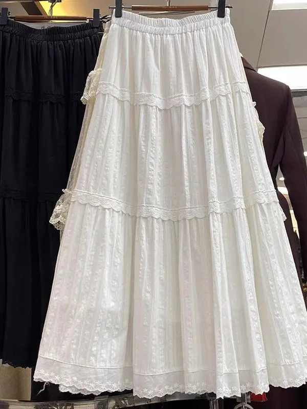

plus Size 300 Pounds Embroidered Lace Cake Skirt Women's Summer Loose Casual A-Line Midi Skirt High Waist Polyester Fiber