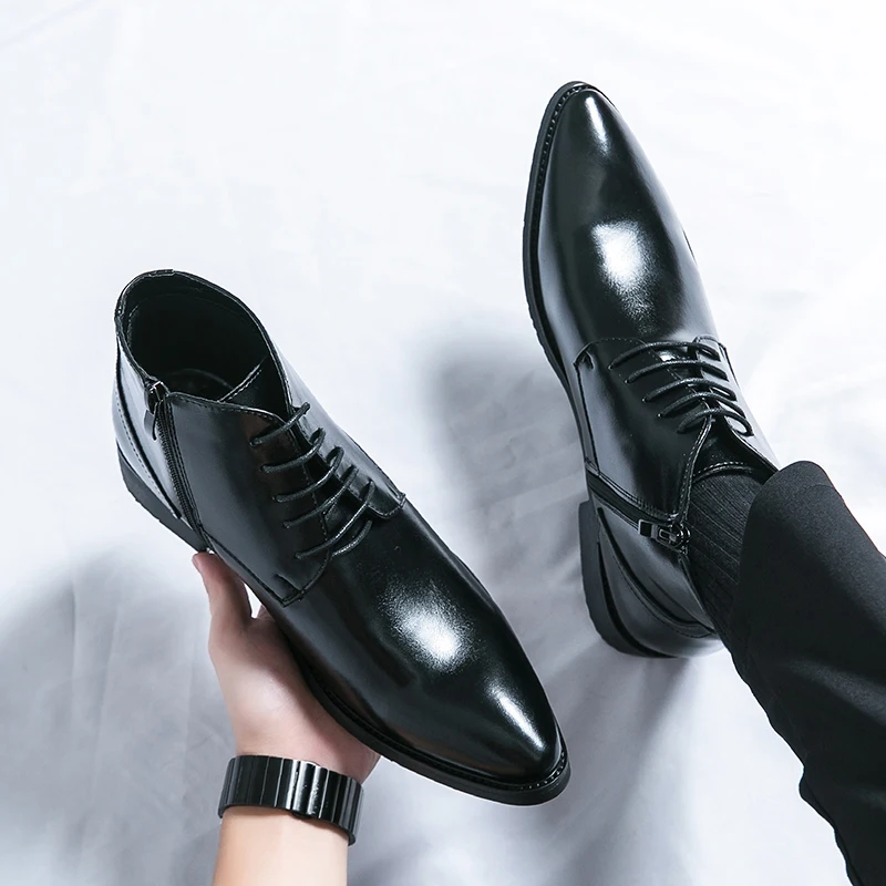 Leather Boots Men Zip Lace-up High Top British Versatile Men Fashion Business Dress Social Boots Mens Platform Casual Men Boots