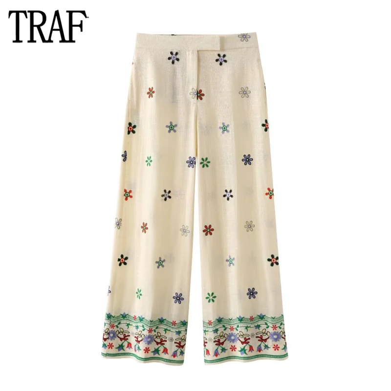 

TRAF 2024 Embroidery Pants for Women Summer High Waist Women Holiday Beach Woman Trousers Streetwear Straight Women's Pants