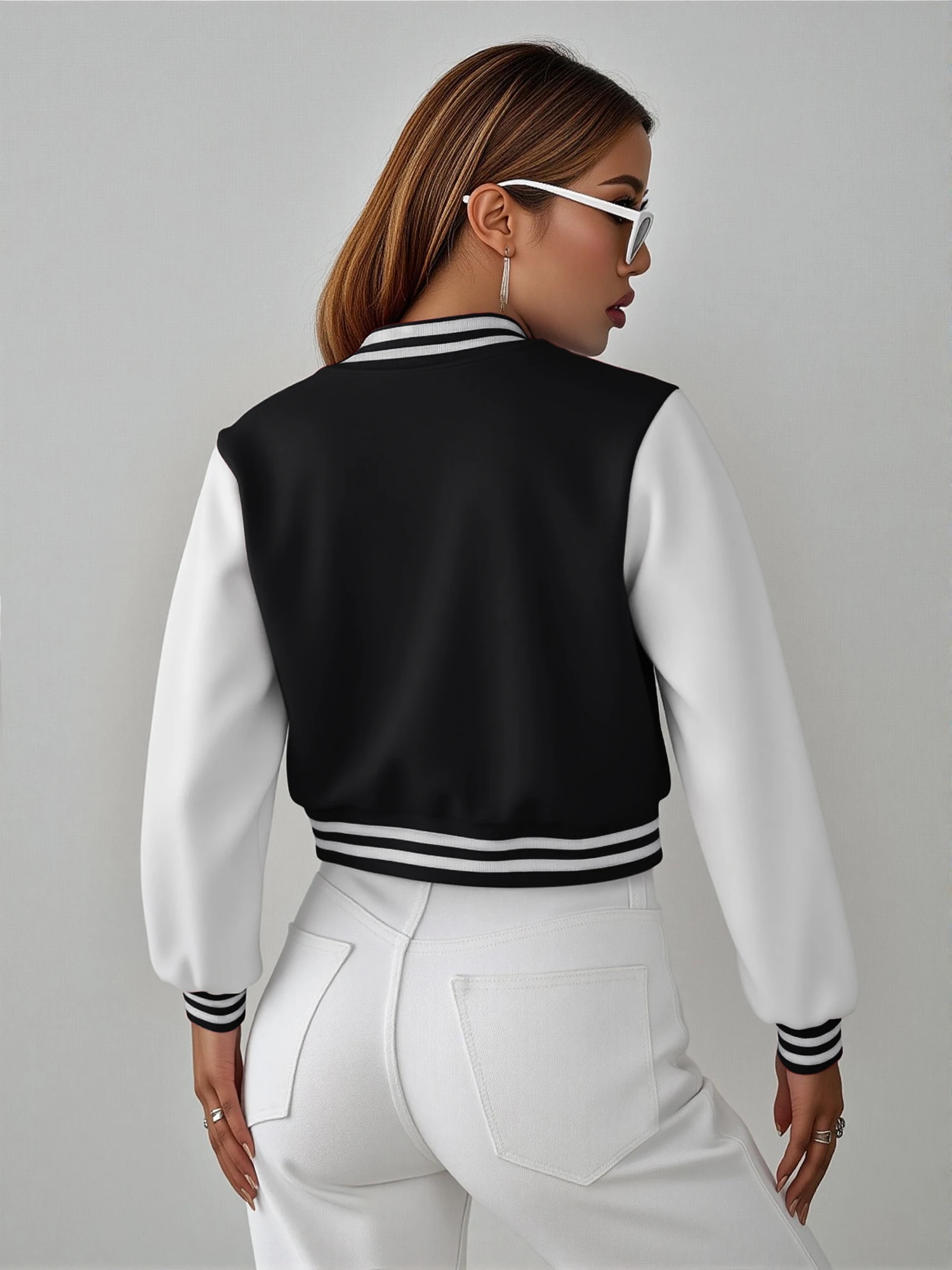 Hip Hop Streetwear Ladies Cropped Baseball Varsity Jacket Contrast Sleeve Striped Neck Short Outerwear