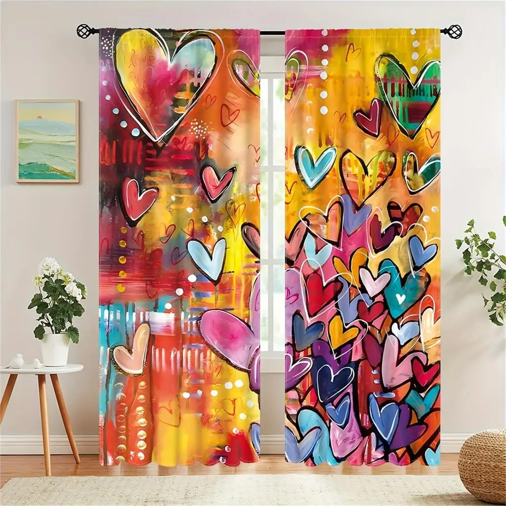 2Pcs Colorful Heart Graffiti Curtains Art Painting Living Room Bedroom Kids Room Decor Sun Shade Window Drapes