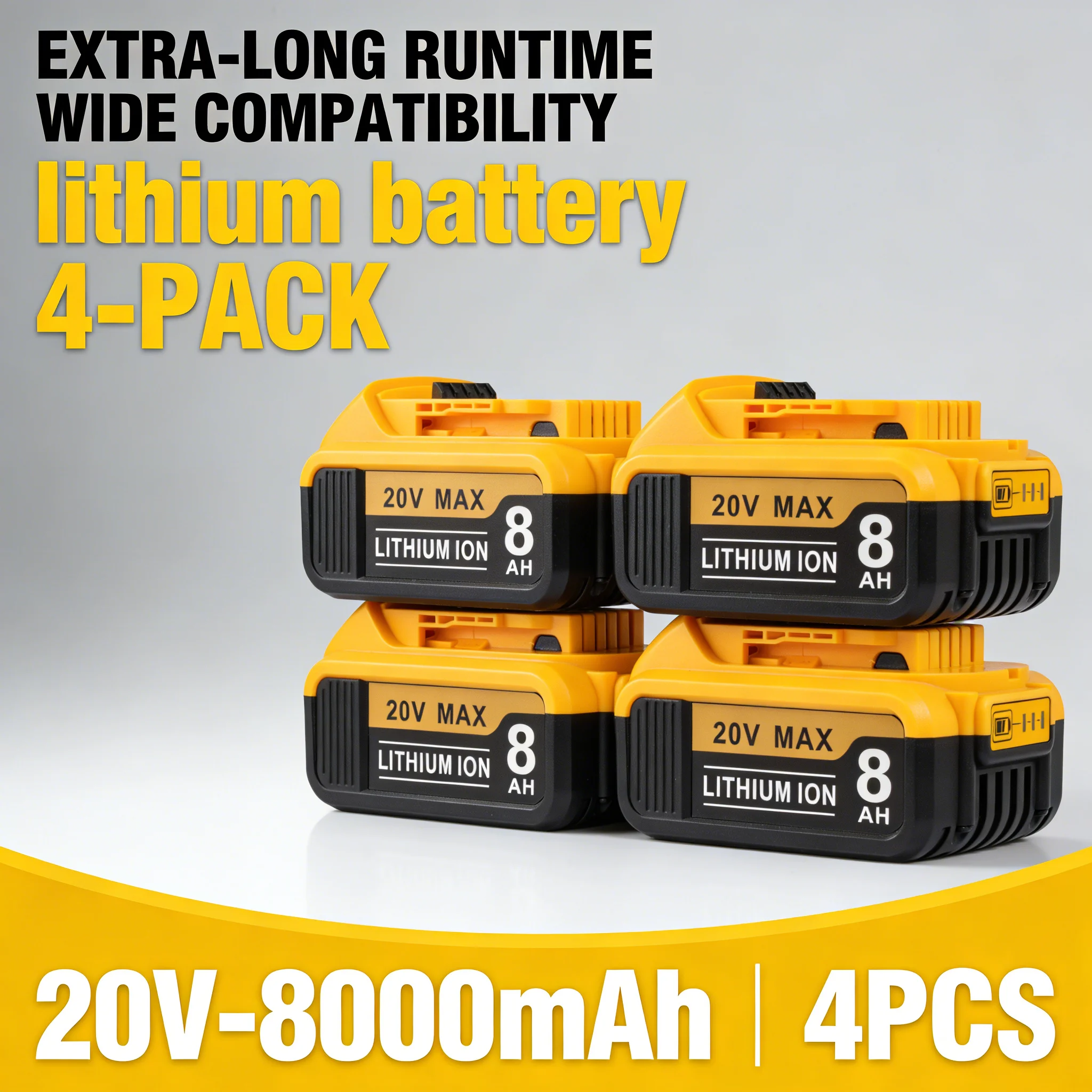 

4Pack 20V MAX 8.0Ah Replacement Lithium-ion Battery, Cost-effective Power Tool Battery for DW 20V Cordless Tools, Reliable