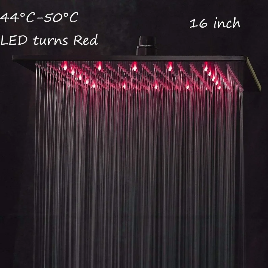 Soffione doccia quadrato a LED da 16 pollici di ricambio con sfera girevole per bagni moderni Finitura in bronzo lucidato a olio Flusso d'acqua regolabile