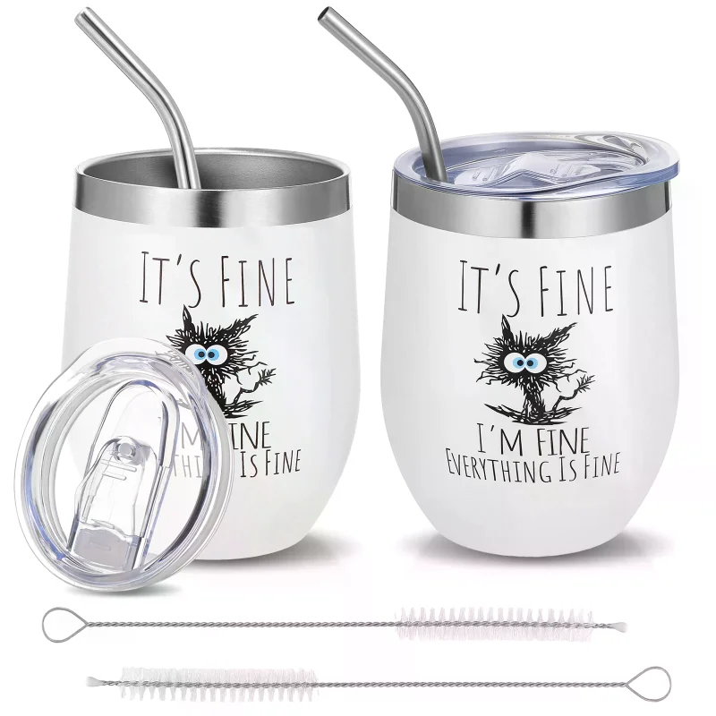 

2 Sets 12Oz Black Cat Funny Tumbler It's Fine I'm Everything Is Fine Appreciation Stainless Steel Insulated Mug With Lid And Str